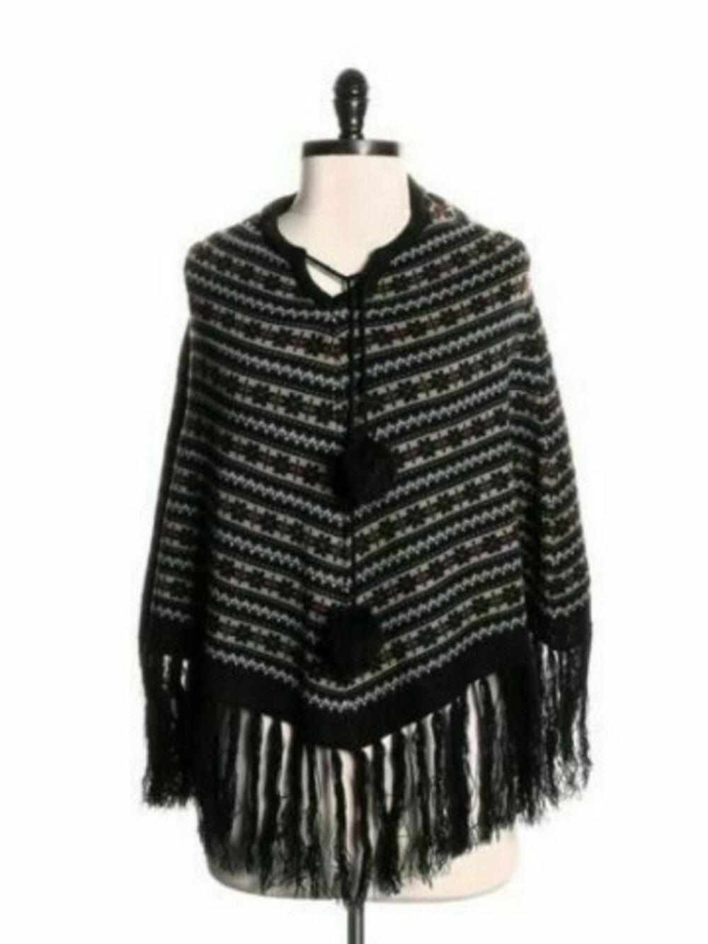 Jessica Simpson Black Gray Fair Isle Print Pom Pom Fringe Poncho Top Sweater